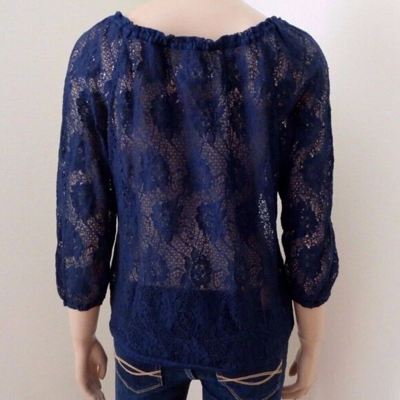 NWT Hollister Womens Lace Top Size Medium Shirt Blouse 3/4 Sleeve Navy Blue - Picture 6 of 6